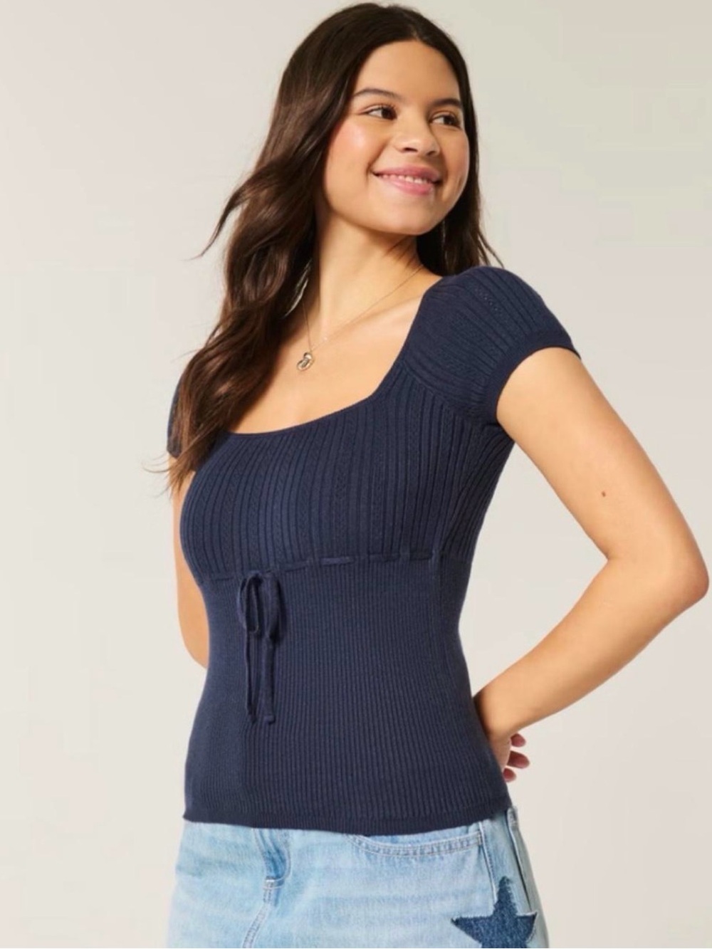 Hollister Co. navy blue ribbed knit crop top with tie waist, size XL